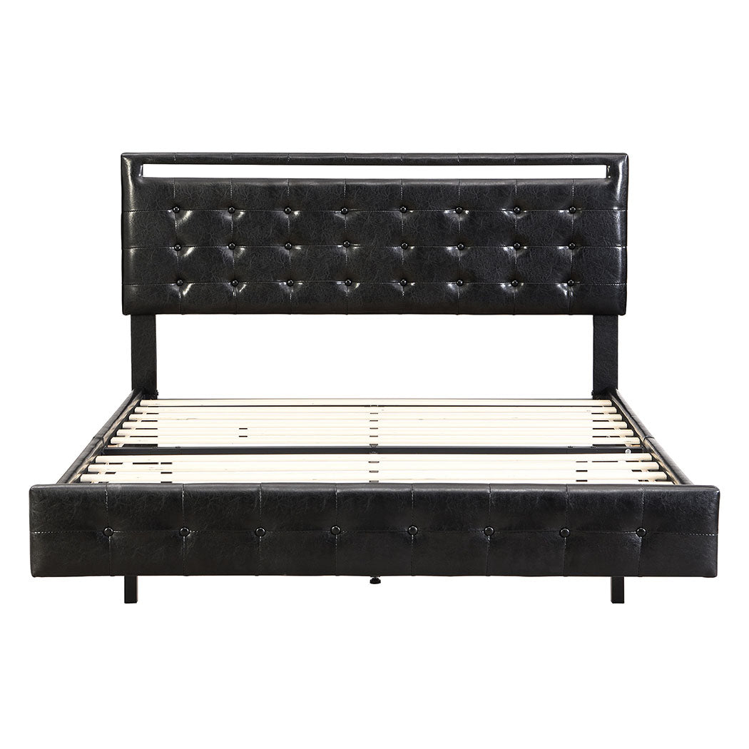 Riomi LED BlackPU Leather Floating Bed | Tufted Design Modern LED Lights Bed Frame