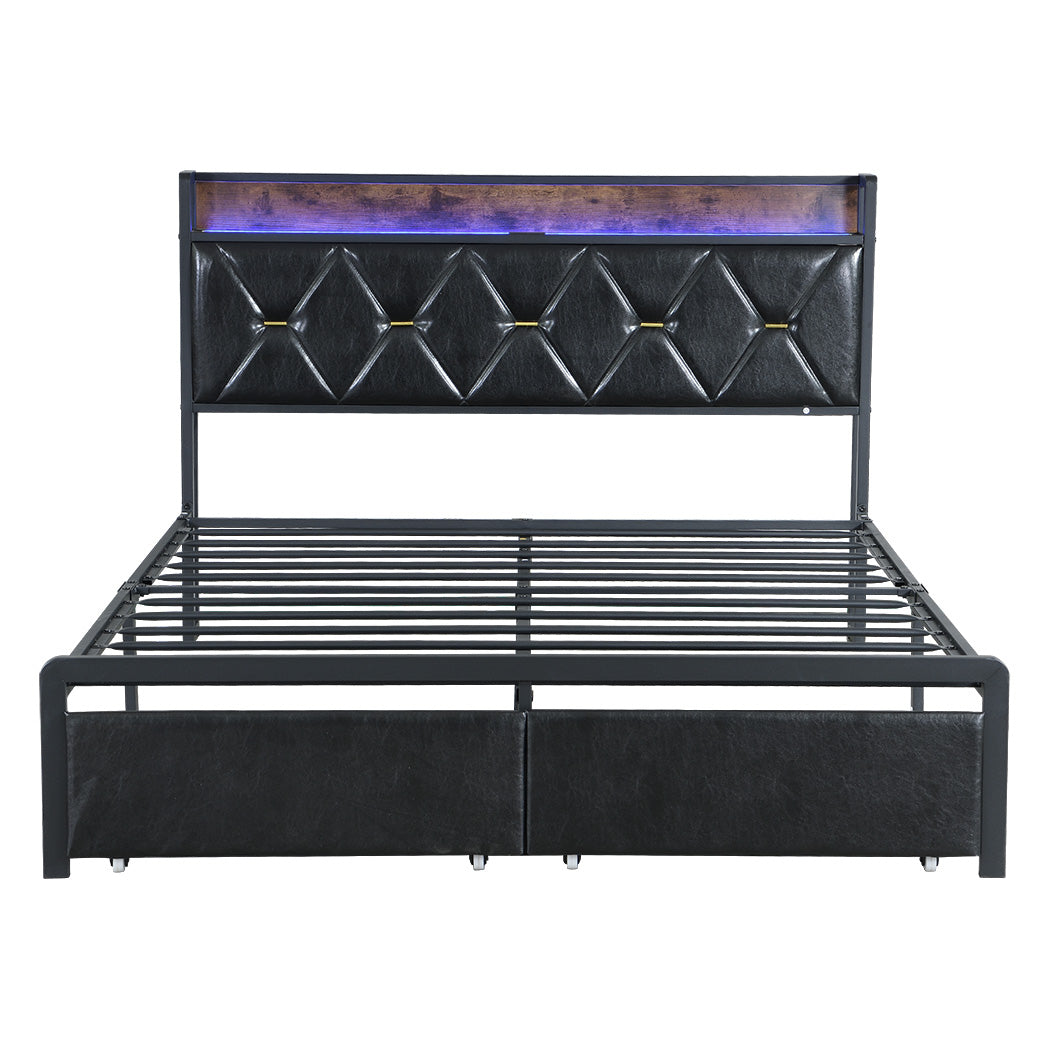 Capri LED Black PU Leather Storage Bed with USB | Multi Functional Storage LED Lights Bed Frame