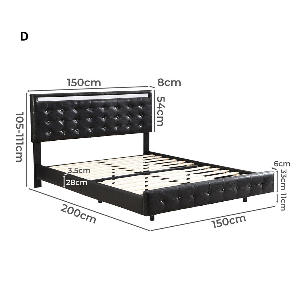 Riomi LED BlackPU Leather Floating Bed | Tufted Design Modern LED Lights Bed Frame