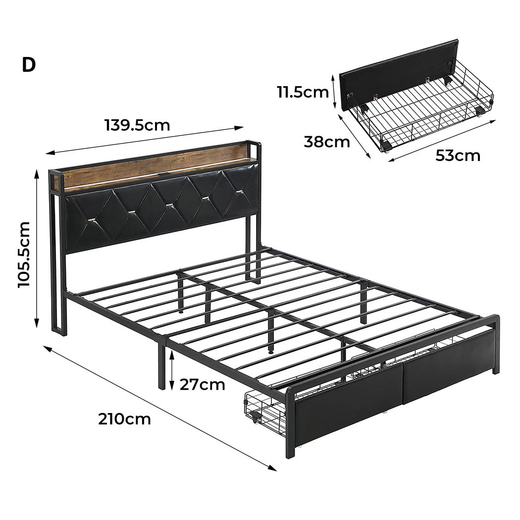 Capri LED Black PU Leather Storage Bed with USB | Multi Functional Storage LED Lights Bed Frame