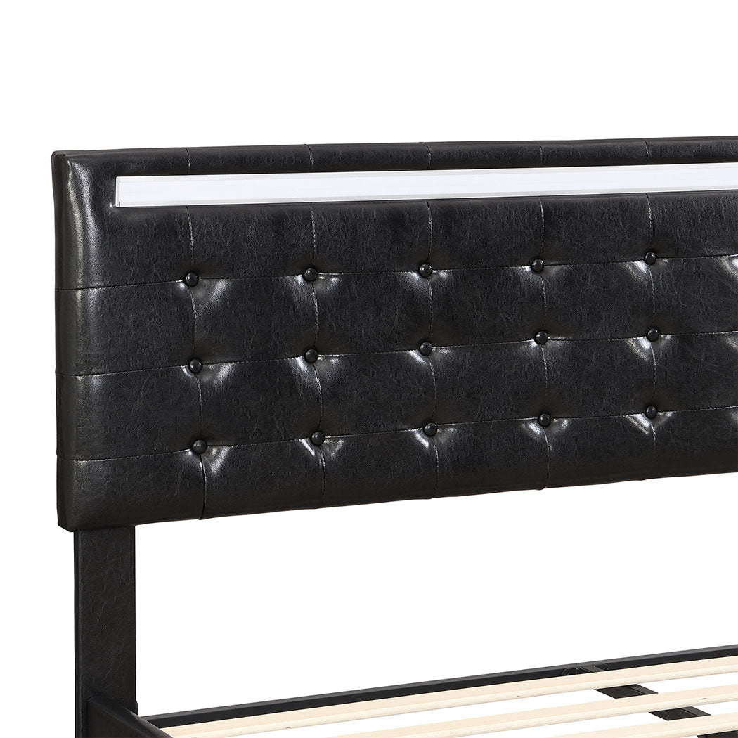 Riomi LED BlackPU Leather Floating Bed | Tufted Design Modern LED Lights Bed Frame