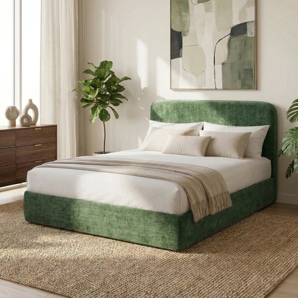 Velvet Cloud Soft Low Profile Compressed Bed | Tool-free Instant Bed Frame in Chenille Green