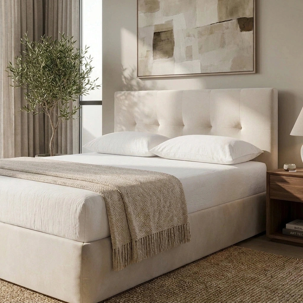 Velvet Cloud Soft Tufted Low Profile Compressed Bed | Tool-free Instant Bed Frame in Linen Beige