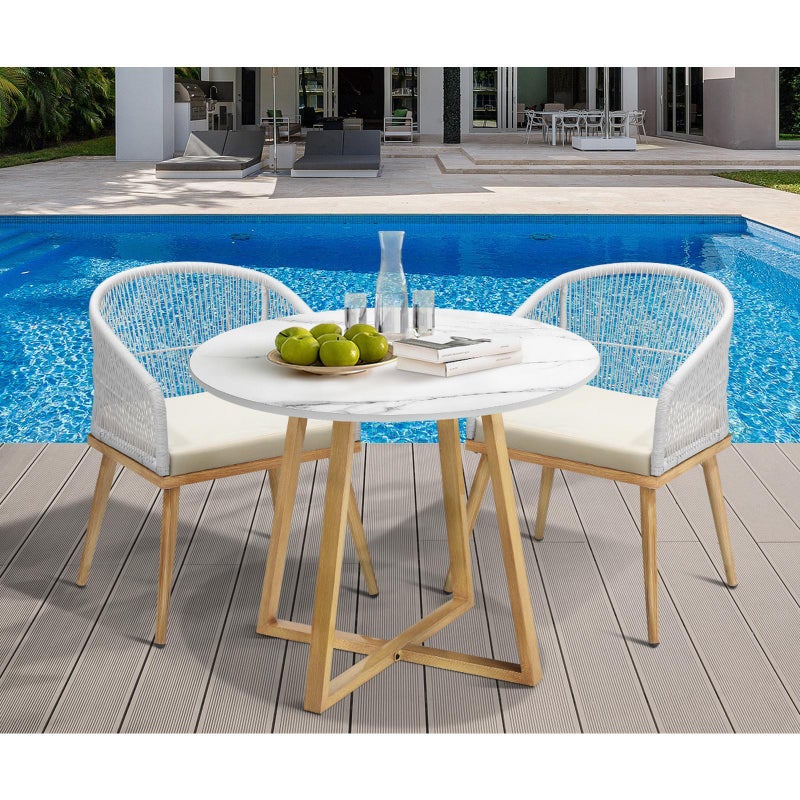 Designer 3pc Marble Stone Style Table and Chair Outdoor Set | Soft Cushioned Chairs and Table Patio Furniture Set