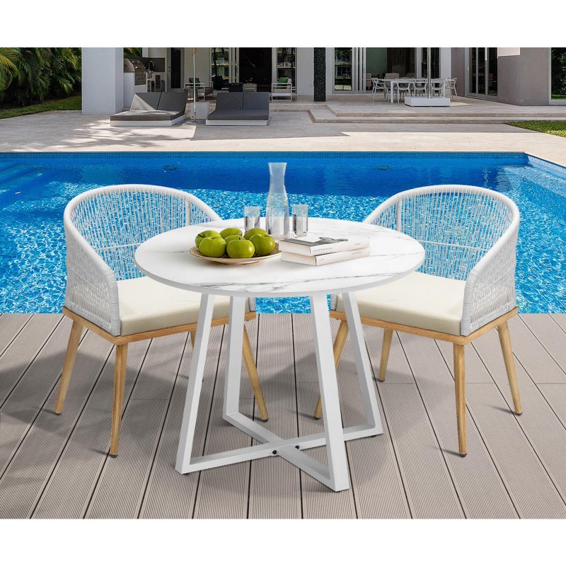 Designer 3pc Marble Stone Style Table and Chair Outdoor Set | Soft Cushioned Chairs and Table Patio Furniture Set