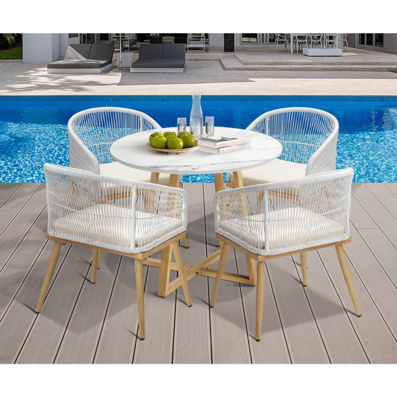 Designer 5pc Marble Stone Style Table and Chair Outdoor Set | Soft Cushioned Chairs and Table Patio Furniture Set