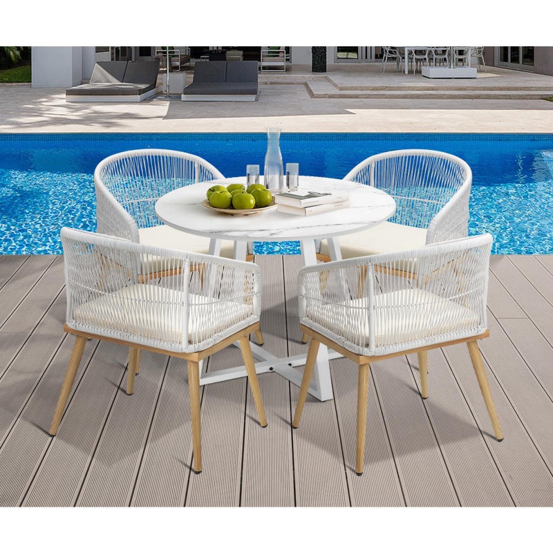 Designer 5pc Marble Stone Style Table and Chair Outdoor Set | Soft Cushioned Chairs and Table Patio Furniture Set