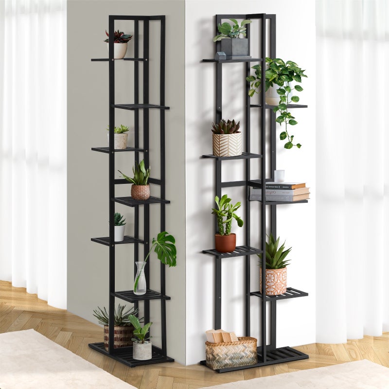 Natura 7 or 12 Tier Black Bamboo Plant Stand Tower | Multi Level Plant Flower Pot Shelf Rack Décor Stand