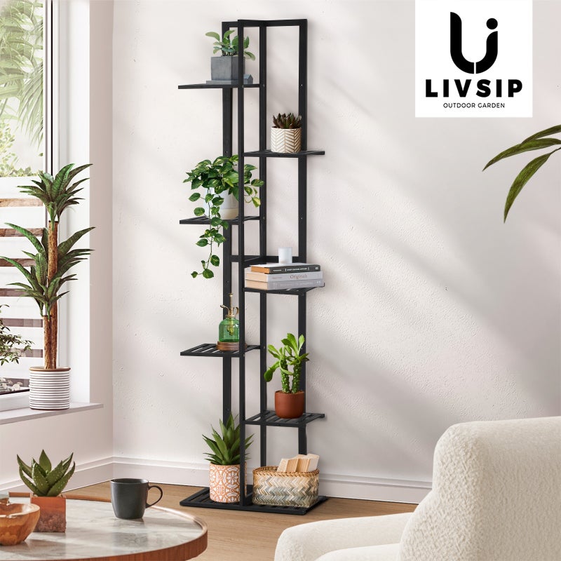 Natura 7 or 12 Tier Black Bamboo Plant Stand Tower | Multi Level Plant Flower Pot Shelf Rack Décor Stand