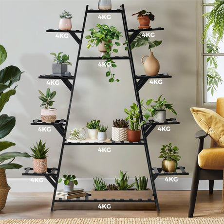 Natura 7 or 12 Tier Black Bamboo Plant Stand Tower | Multi Level Plant Flower Pot Shelf Rack Décor Stand