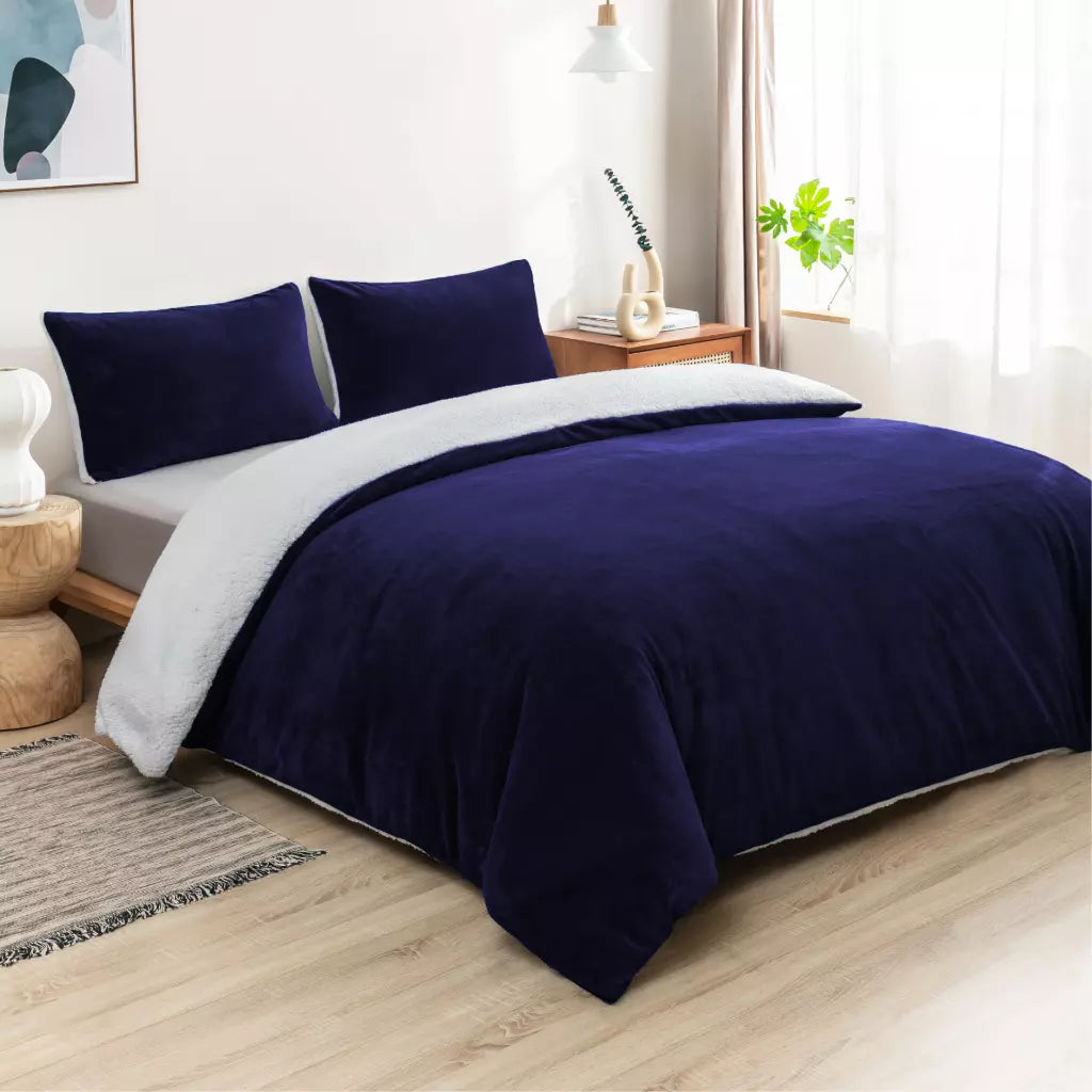 Plush 2 in 1 Teddy Sherpa Quilt Cover Set and Blanket | Warm Sherpa Bedding Set