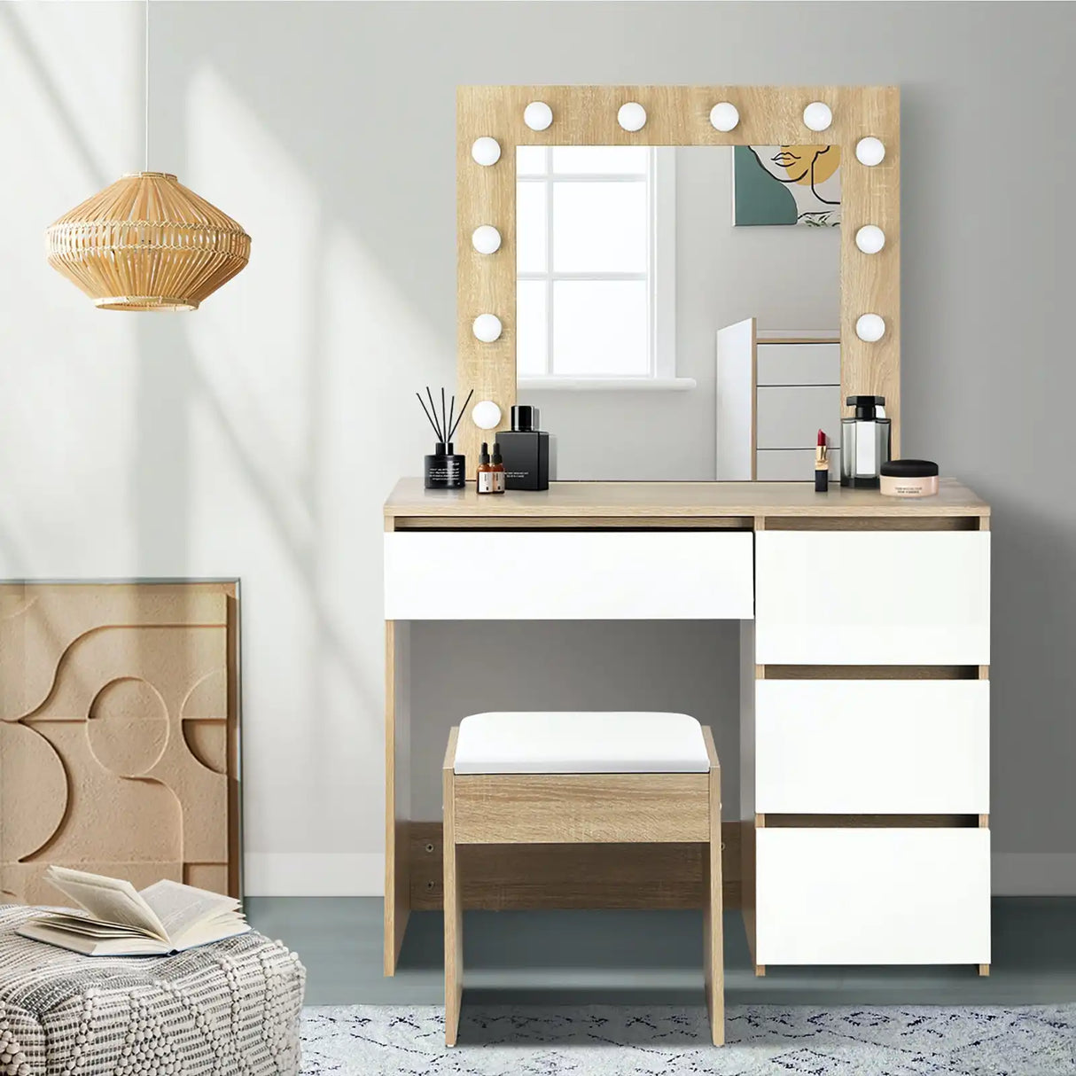 Nora LED Mirror Dressing Table and Stool Set | 12 Light Hollywood Light Makeup Desk Mirror and Storage