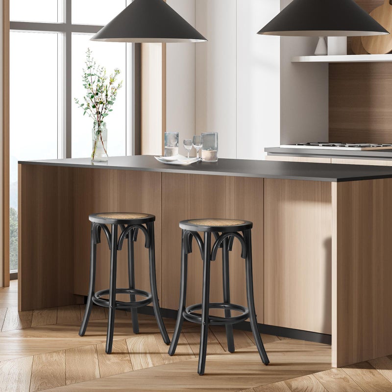 Set of Two Eros Vintage Wooden Rattan Barstools | Stylish Retro Wooden Barstools Set