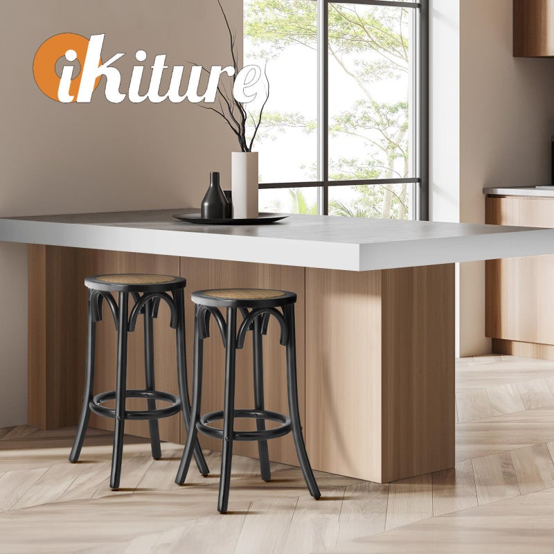 Set of Two Eros Vintage Wooden Rattan Barstools | Stylish Retro Wooden Barstools Set