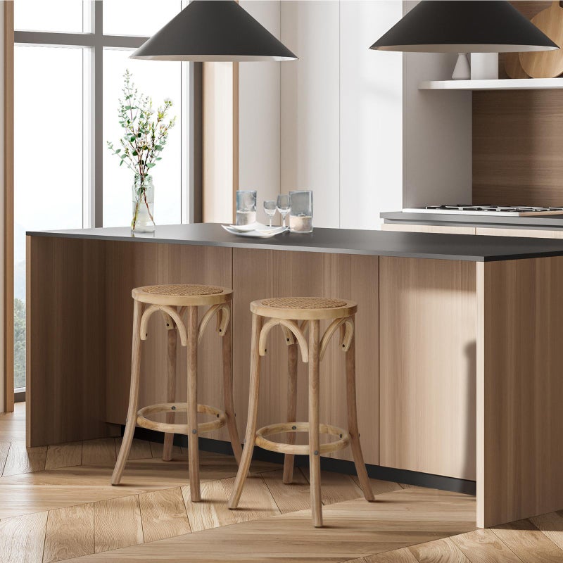 Set of Two Eros Vintage Wooden Rattan Barstools | Stylish Retro Wooden Barstools Set