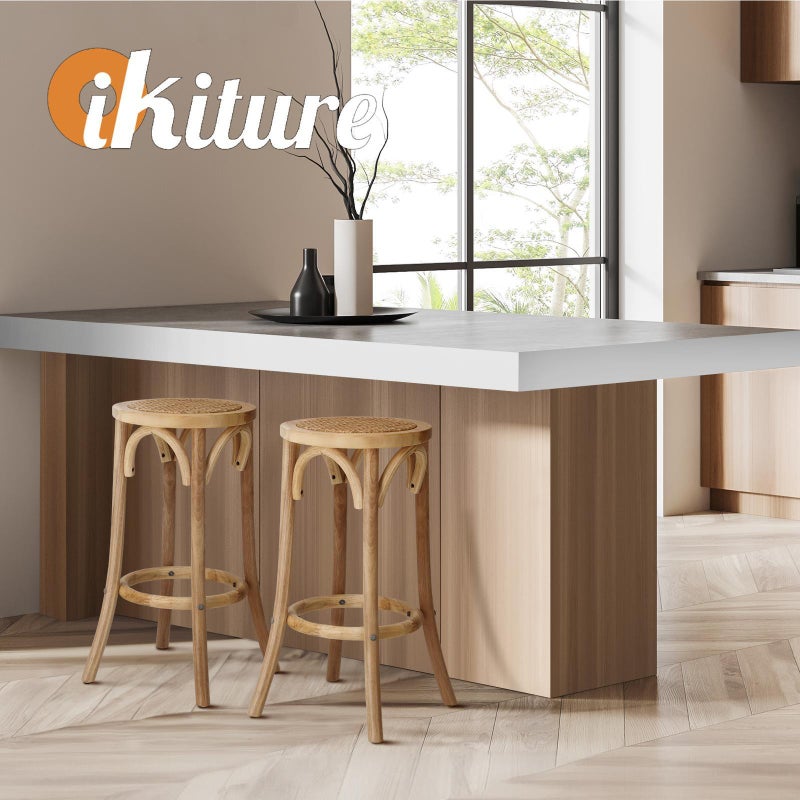 Set of Two Eros Vintage Wooden Rattan Barstools | Stylish Retro Wooden Barstools Set