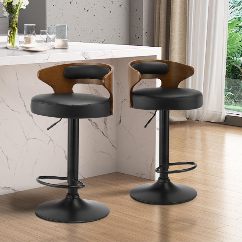 Set of Two Elis Modern Black Metal Barstools | Wood and Metal Gas Lift Adjustable Kitchen Bar Stools