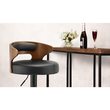 Set of Two Elis Modern Black Metal Barstools | Wood and Metal Gas Lift Adjustable Kitchen Bar Stools