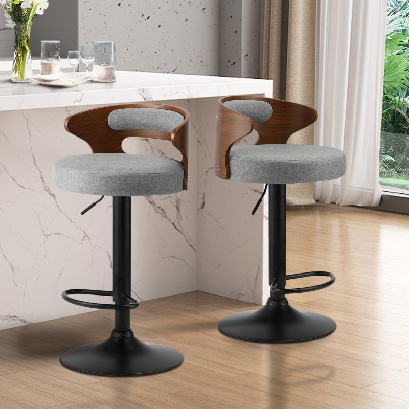 Set of Two Elis Modern Black Metal Barstools | Wood and Metal Gas Lift Adjustable Kitchen Bar Stools