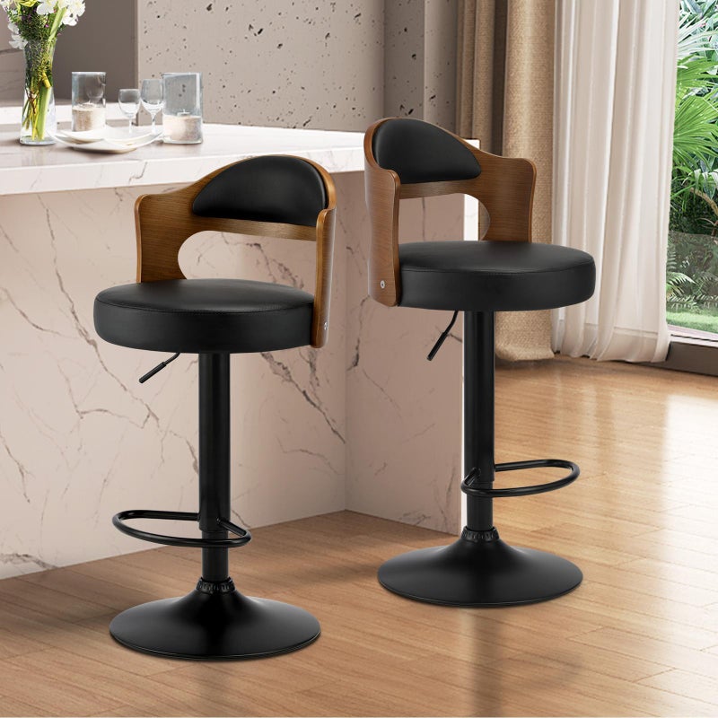 Set of Two Elis Modern Black Metal Barstools | Wood and Metal Gas Lift Adjustable Kitchen Bar Stools