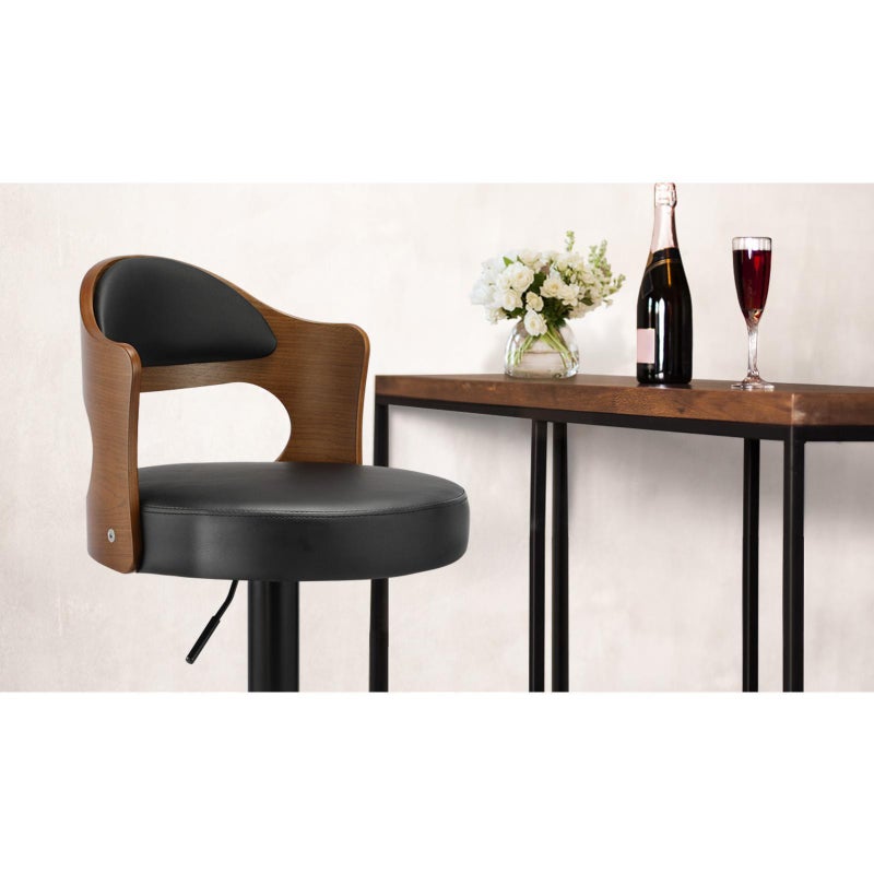 Set of Two Elis Modern Black Metal Barstools | Wood and Metal Gas Lift Adjustable Kitchen Bar Stools