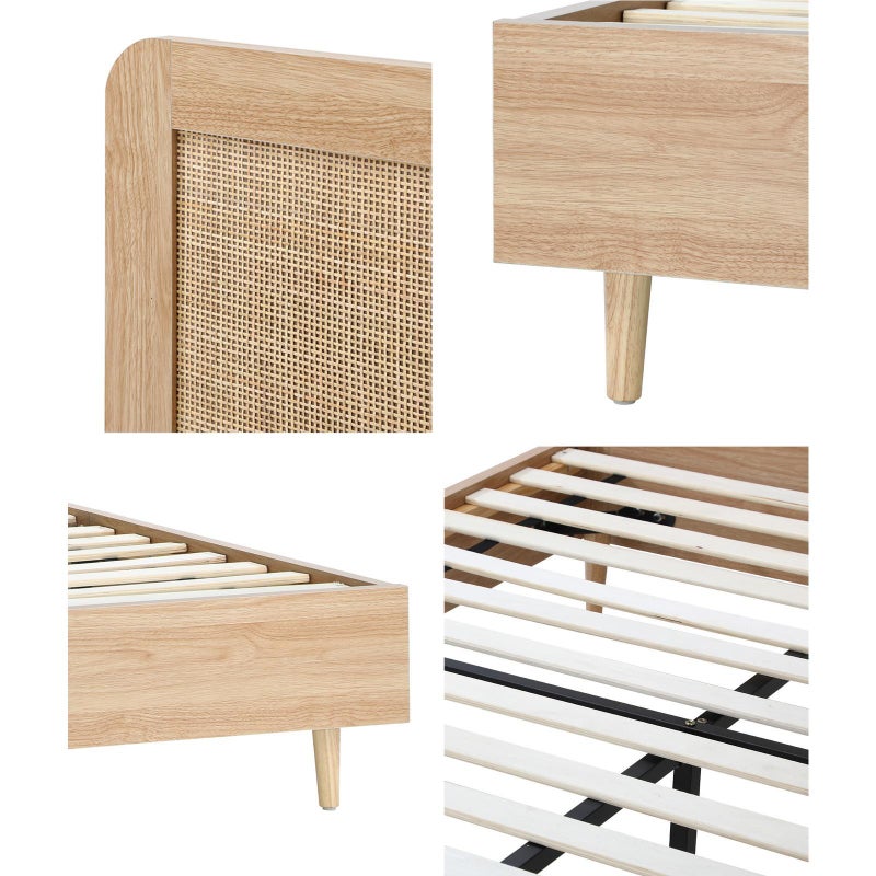 Abruzzi Genuine Rattan Wooden Bed | Modern Elegant Wooden Bed Frame Rattan Headboard
