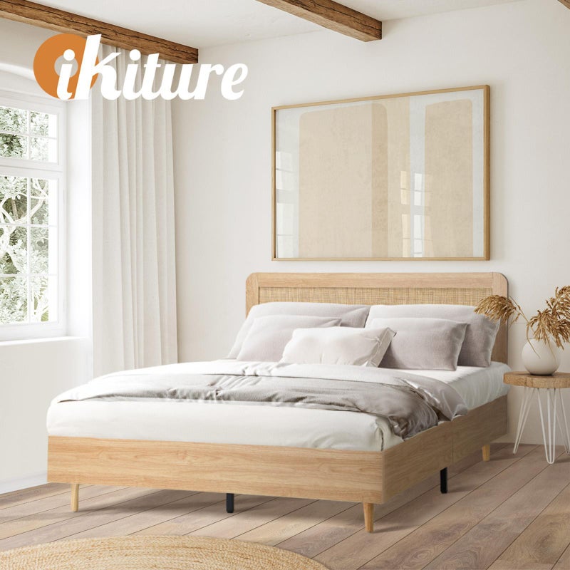 Abruzzi Genuine Rattan Wooden Bed | Modern Elegant Wooden Bed Frame Rattan Headboard