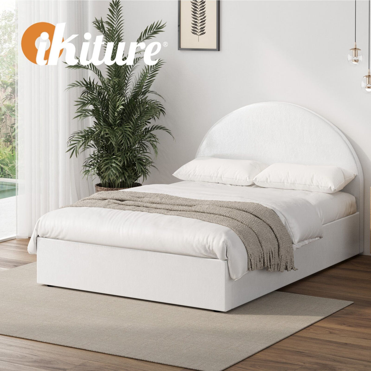 Luna Luxe PU Leather Round White Gas Lift Bed | White Soft Cushioned Big Storage Arched Bed Frame