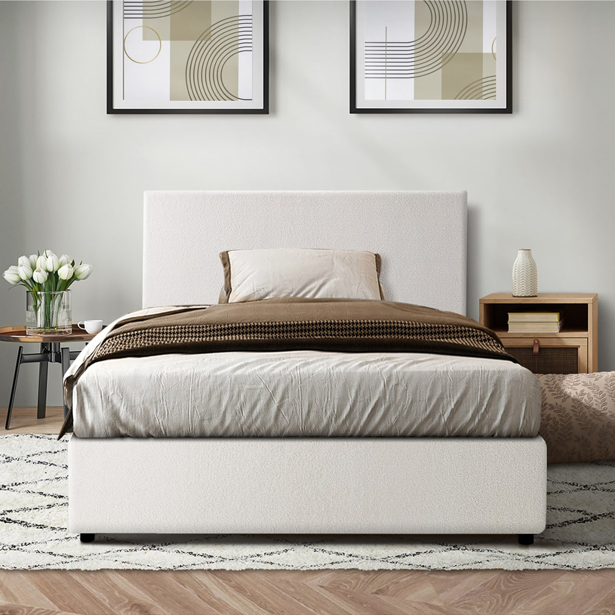 Premium Milano White Boucle Fabric Gas Lift Storage Bed | Two In One Bed and Storage Combo