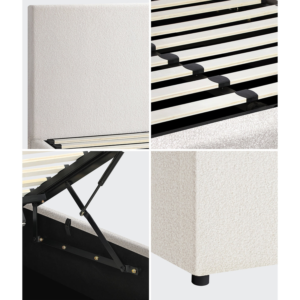 Premium Milano White Boucle Fabric Gas Lift Storage Bed | Two In One Bed and Storage Combo