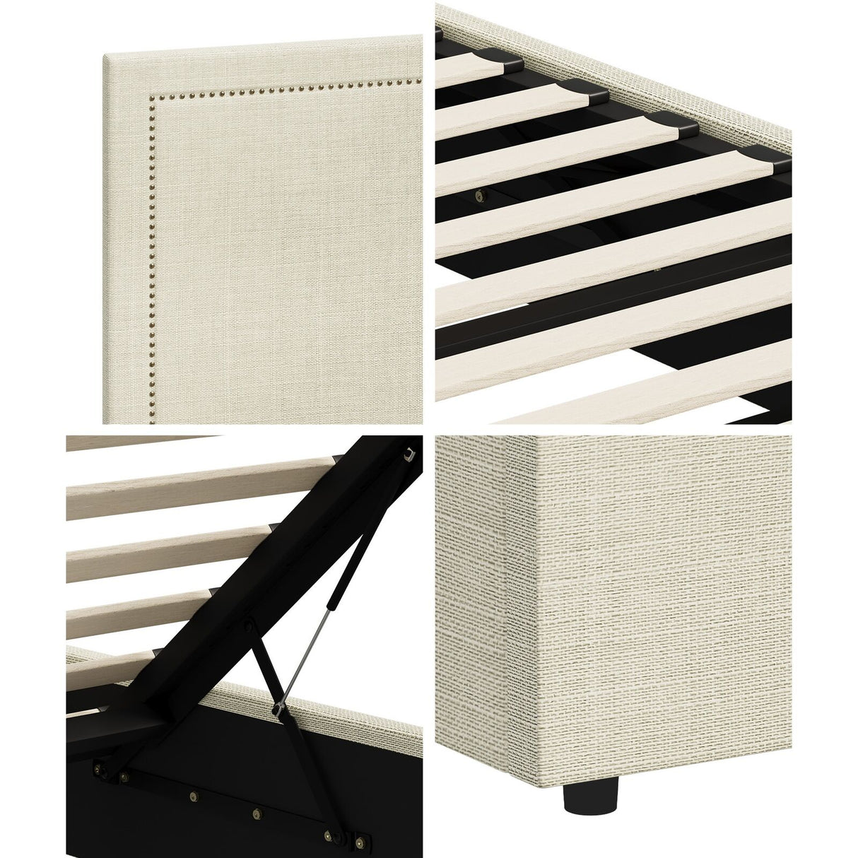 Scandi Luxe Linen Fabric Stud Trim Gas Lift Storage Bed | Premium Upholstered Storage Combo Bed Frame