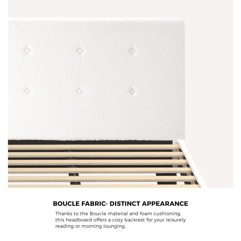 Teddy Luxe Soft Boucle Fabric Tuffted White Bed | Cushioned White Upholstered Tuffted Design Boucle Bed Frame