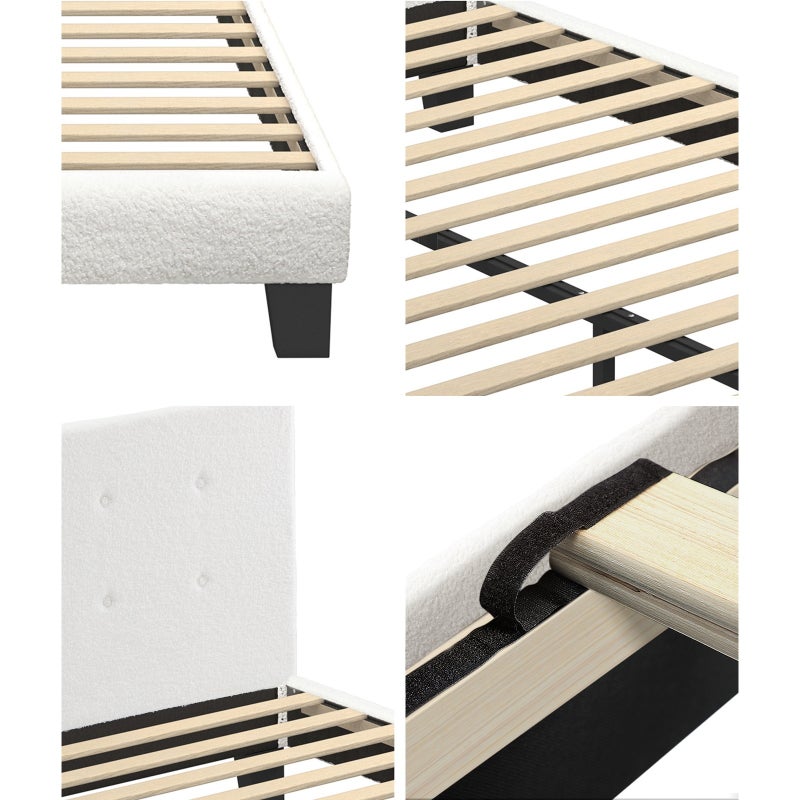 Teddy Luxe Soft Boucle Fabric Tuffted White Bed | Cushioned White Upholstered Tuffted Design Boucle Bed Frame