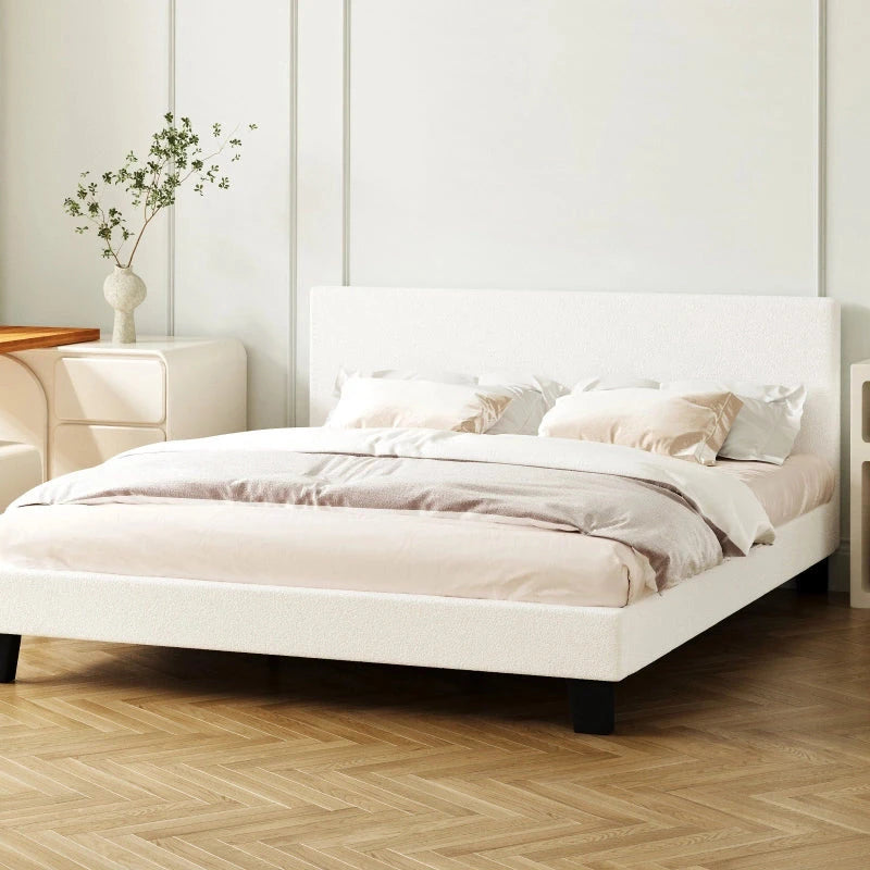 Teddy Soft Boucle Fabric White Bed | Modern Cushioned Touch White Upholstered Boucle Bed Frame