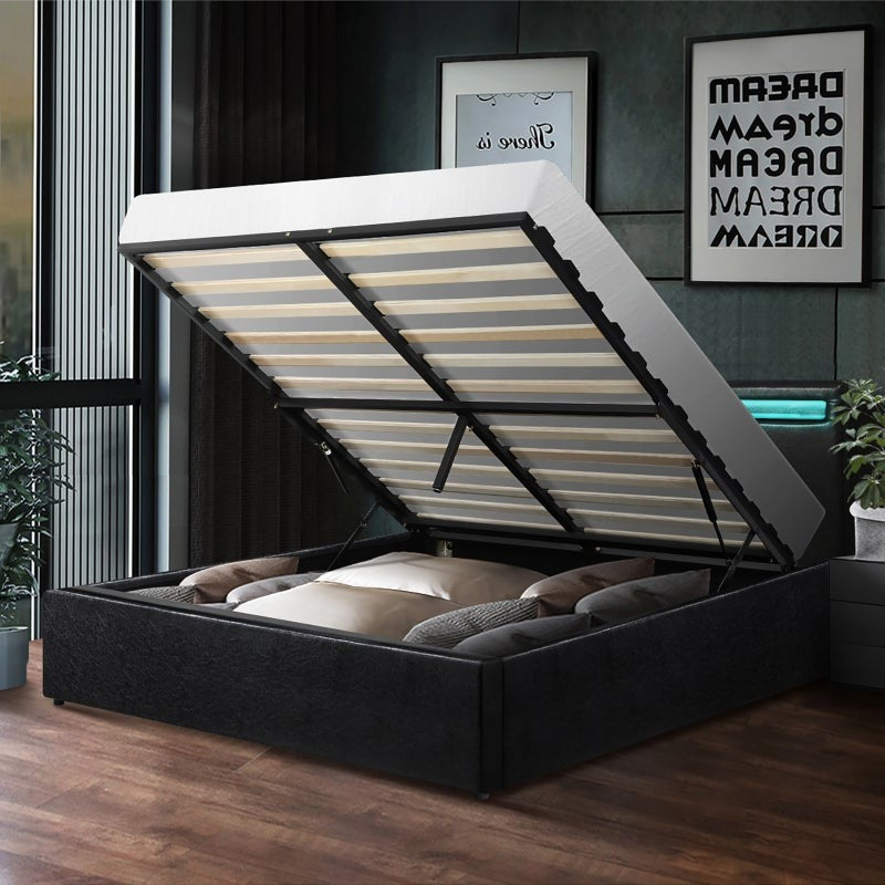 Premium Milano Black PU Leather LED Gas Lift Storage Bed | Two In One Black Bed Frame and Storage Combo
