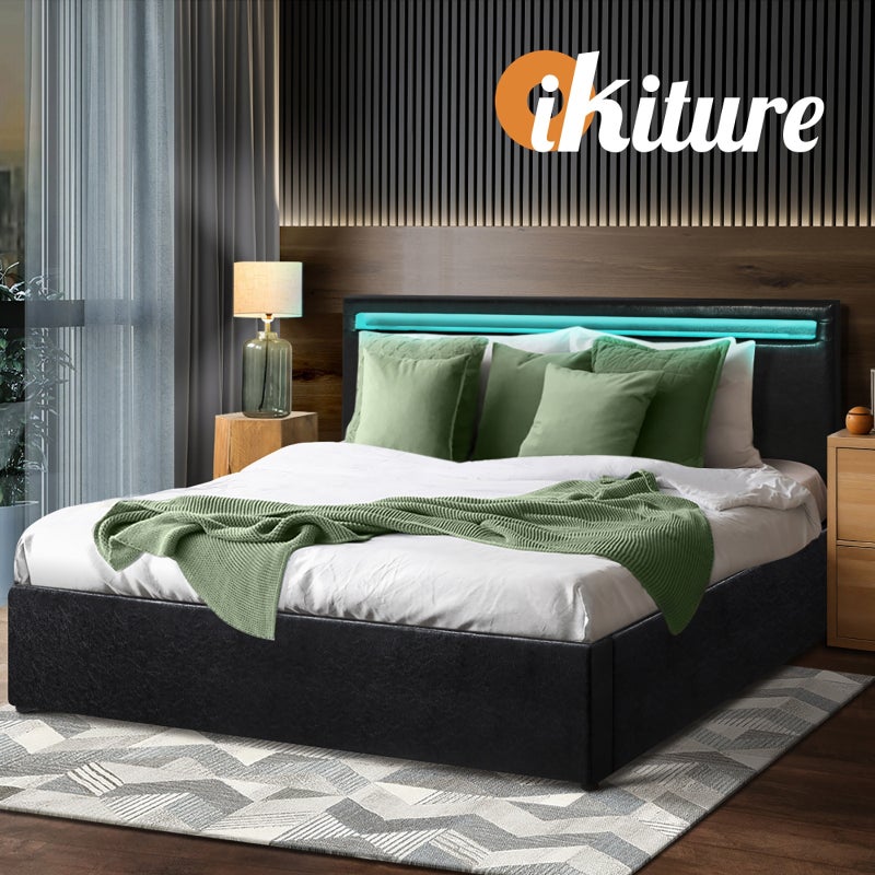 Premium Milano Black PU Leather LED Gas Lift Storage Bed | Two In One Black Bed Frame and Storage Combo