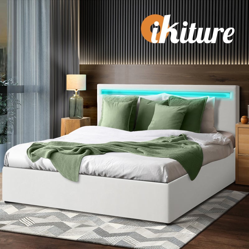 Premium Milano White PU Leather LED Gas Lift Storage Bed | Two In One White Bed Frame and Storage Combo