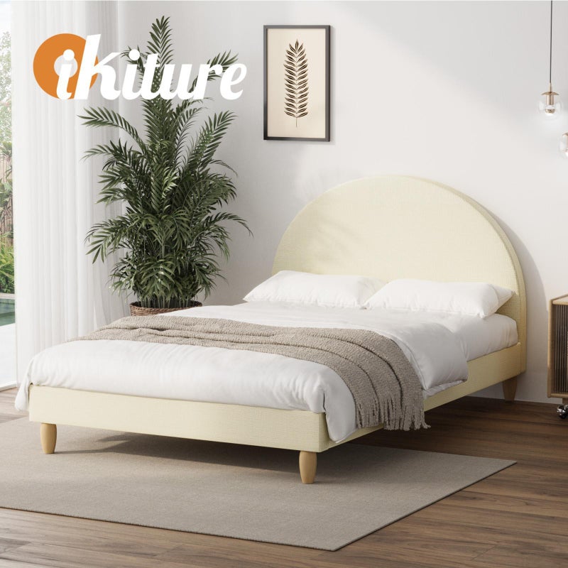 Teddy Millie Beige Fabric Round Bed | Arched Cushioned Touch Beige Upholstered Premium Fabric Bed Frame