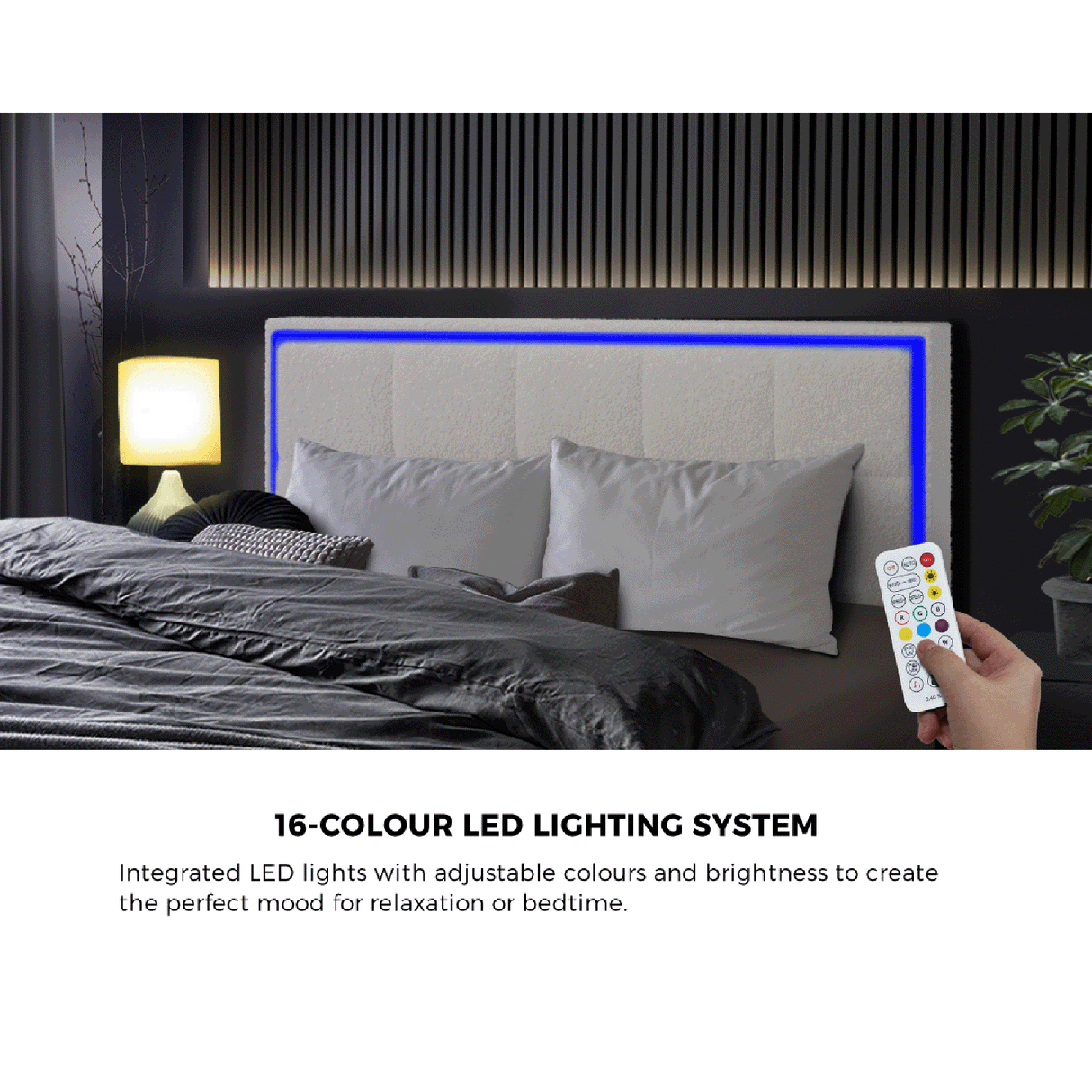 Neom Luxe Teddy Boucle Padded LED Bed Frame | Modern White Boucle Gas Lift Storage Bed with LED Lighting