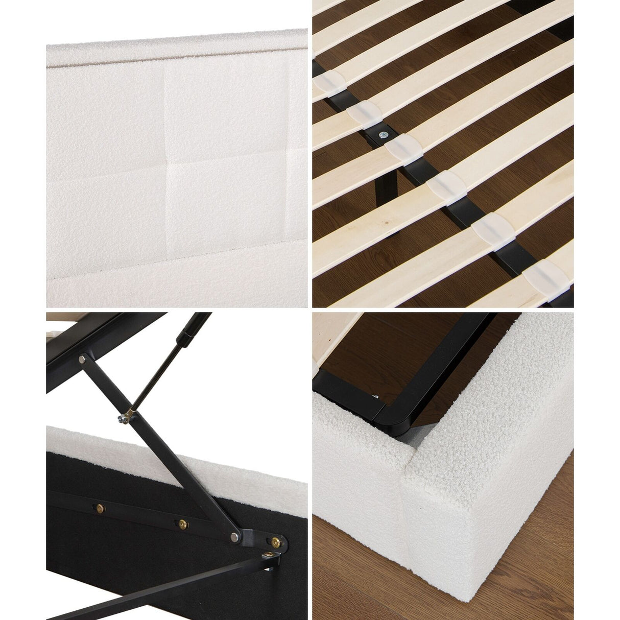 Neom Luxe Teddy Boucle Padded LED Bed Frame | Modern White Boucle Gas Lift Storage Bed with LED Lighting