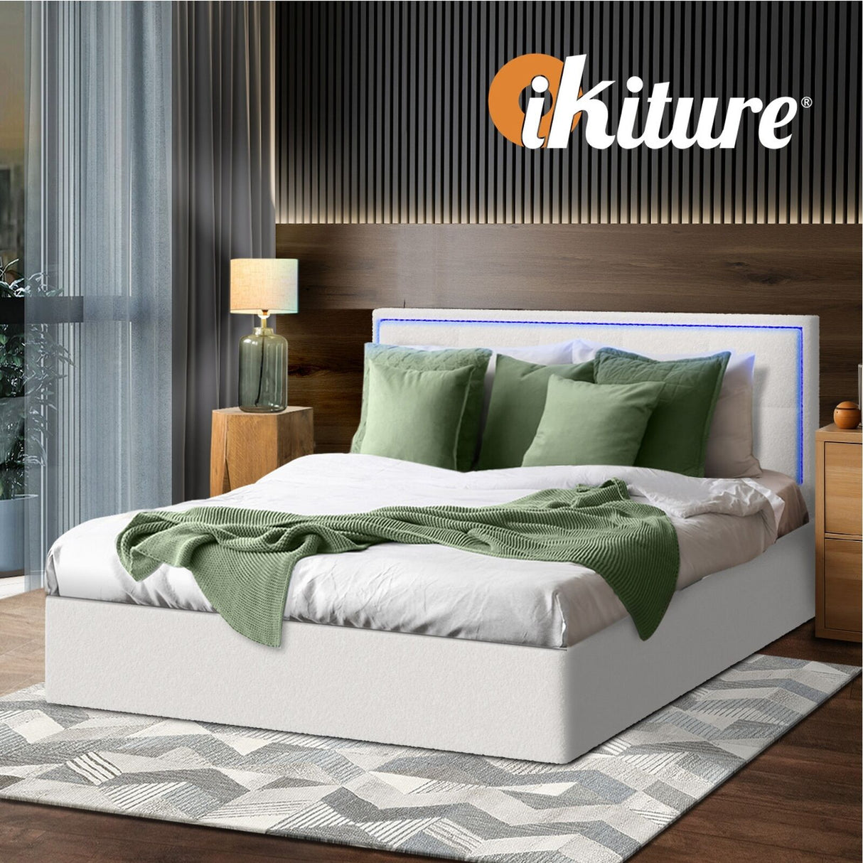 Neom Luxe Teddy Boucle Padded LED Bed Frame | Modern White Boucle Gas Lift Storage Bed with LED Lighting