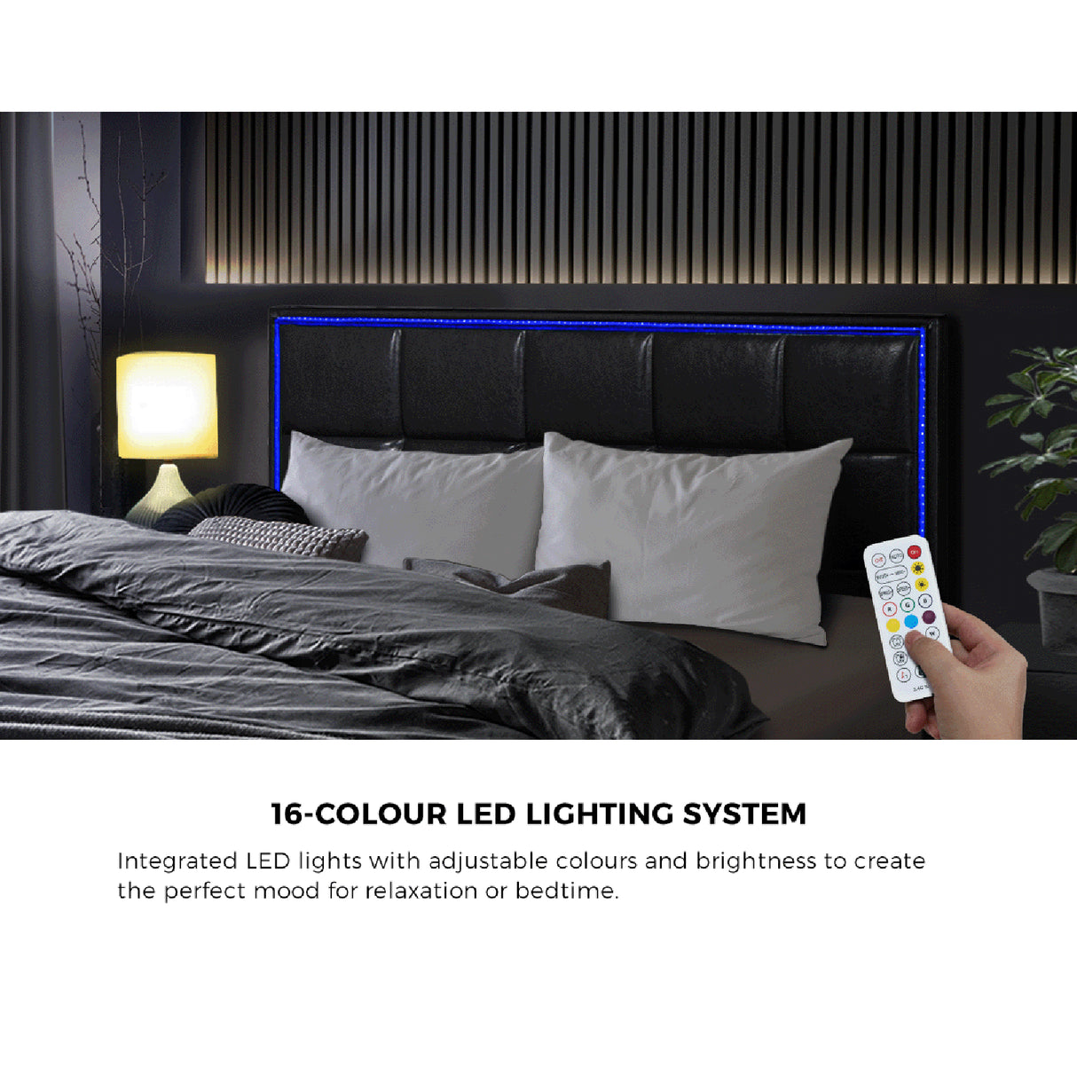 Neom Luxe PU Leather Padded LED Bed Frame | Modern Black PU Leather Gas Lift Storage Bed with LED Lighting