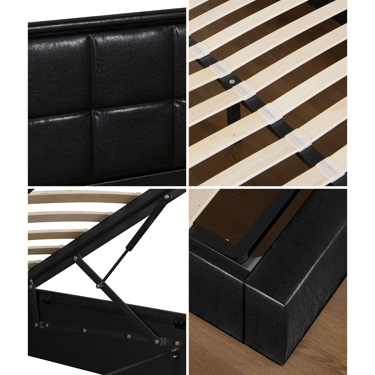 Neom Luxe PU Leather Padded LED Bed Frame | Modern Black PU Leather Gas Lift Storage Bed with LED Lighting