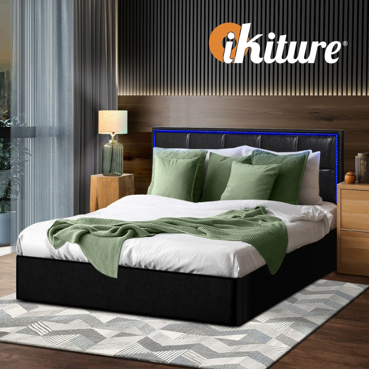 Neom Luxe PU Leather Padded LED Bed Frame | Modern Black PU Leather Gas Lift Storage Bed with LED Lighting