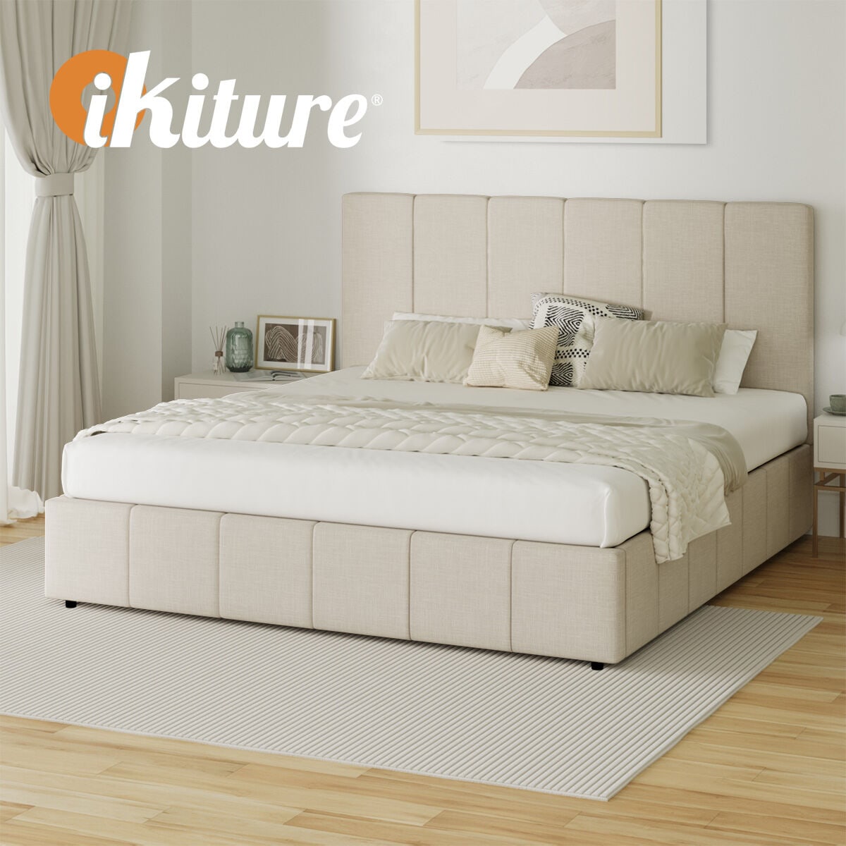 Premium Milano Beige Soft Fabric Gas Lift Storage Bed | Two In One Bed and Storage Combo Bed Frame