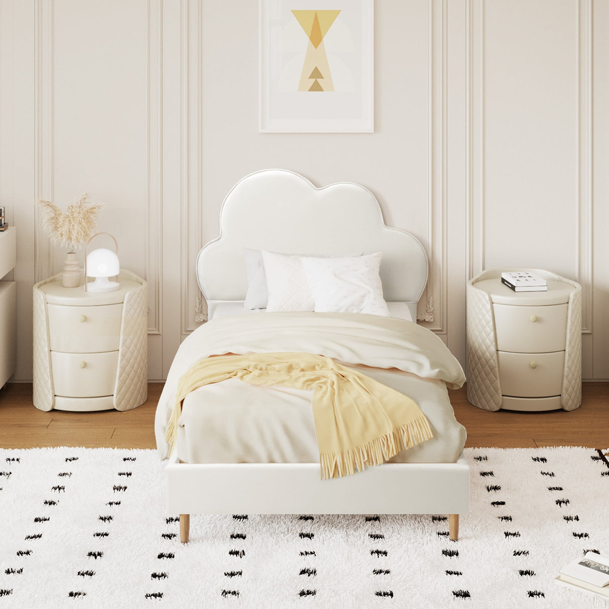 Princess Sierra Cloud Style Bed Frame | Single Size Kids White Soft Touch PU Leather Bed