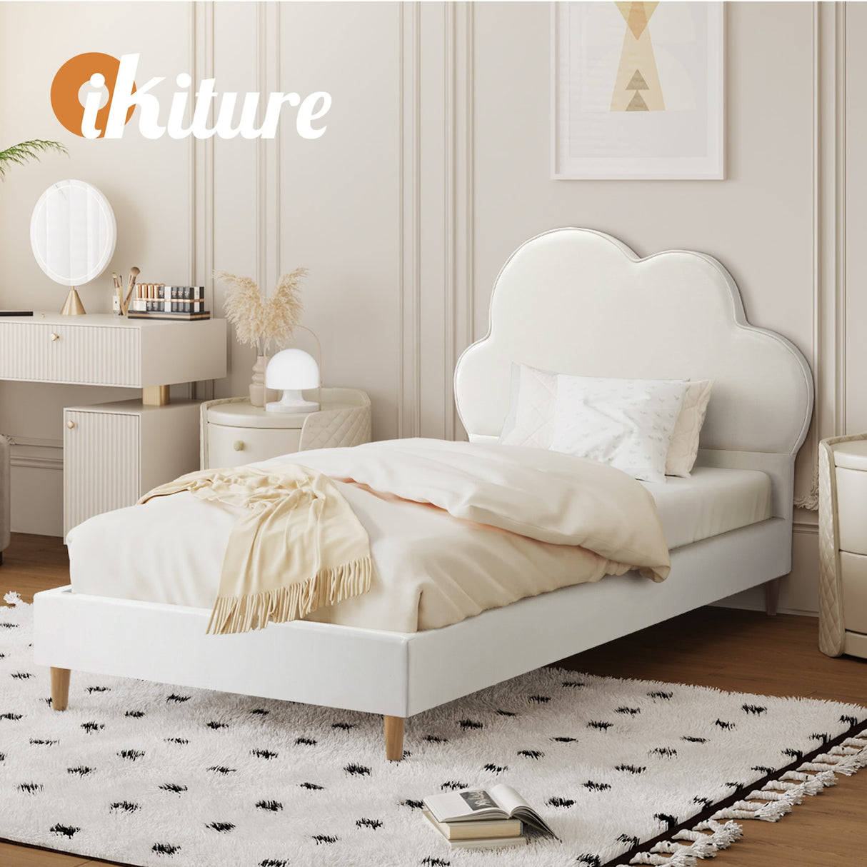 Princess Sierra Cloud Style Bed Frame | Single Size Kids White Soft Touch PU Leather Bed