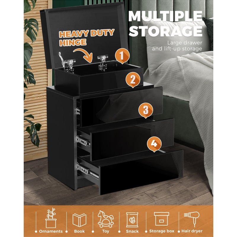 Carlo Supreme LED Multicolour Bedside Table | Modern Glossy Lift Storage Nightstand Bedside Unit