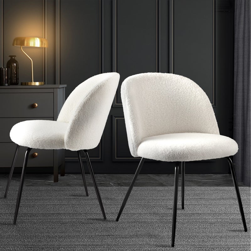 Set of Two Teddy Boucle Miami Dining Room Chairs in White | Sherpa Feel Plush Modern Accent Chairs