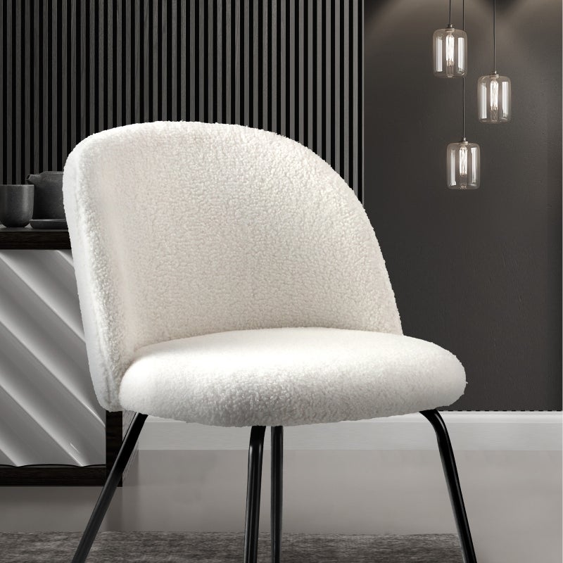 Set of Two Teddy Boucle Miami Dining Room Chairs in White | Sherpa Feel Plush Modern Accent Chairs